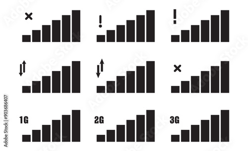 Set with mobile network level for mobile device Mobile or internet level icons isolated, Connection icon set. Mobile phone bar icons. Signal strength Icon. Signal strength indicator. Wireless Symbol.