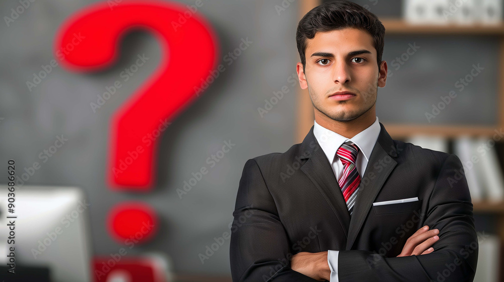 Businessman Surrounded by Question Marks, Representing Curiosity and Problem-Solving Businessman Surrounded by Question Marks, Representing Curiosity and Problem-Solving