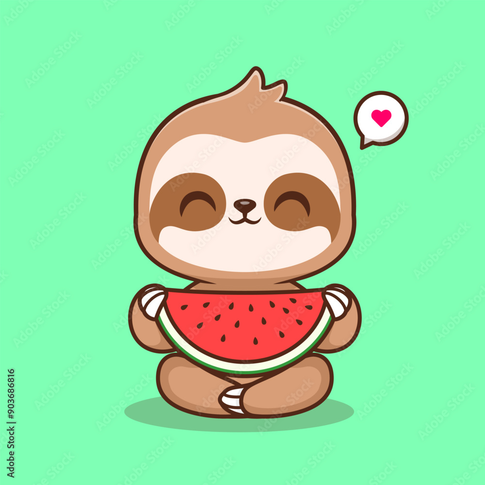 Fototapeta premium Cute Sloth Eating Watermelon Cartoon Vector Icon Illustration. Animal Food Icon Concept Isolated Premium Vector. Flat Cartoon Style