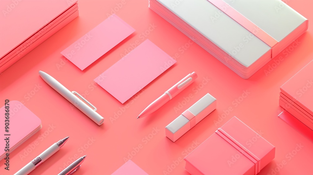 Flat lay of simple stationery items including sticky notes and a pen, rendered in detailed and precise 3D shading Flat lay of simple stationery items including sticky notes and a pen, rendered in detailed and precise 3D shading