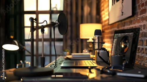 Home podcast studio interior. Microphone and laptop on the table.