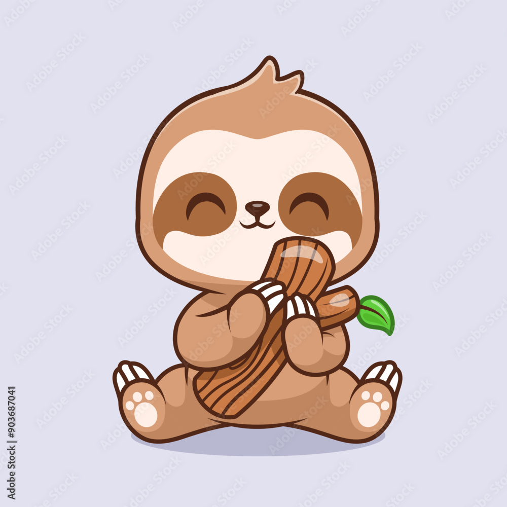 Fototapeta premium Cute Sloth Holding Branch Tree, Cartoon Vector Icon Illustration. Animal Nature Icon Concept Isolated Premium Vector. Flat CartoonStyle 