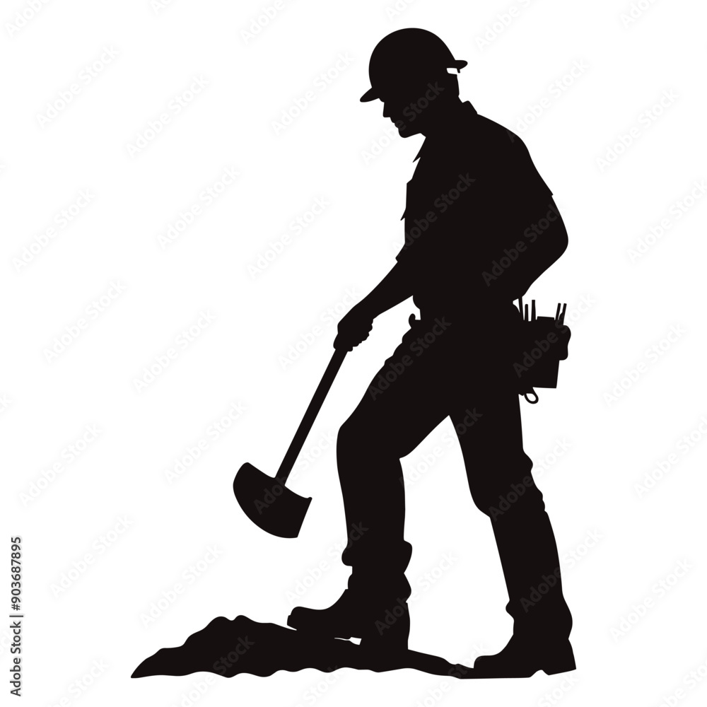 Naklejka premium Silhouette of a construction worker holding a pickaxe. 