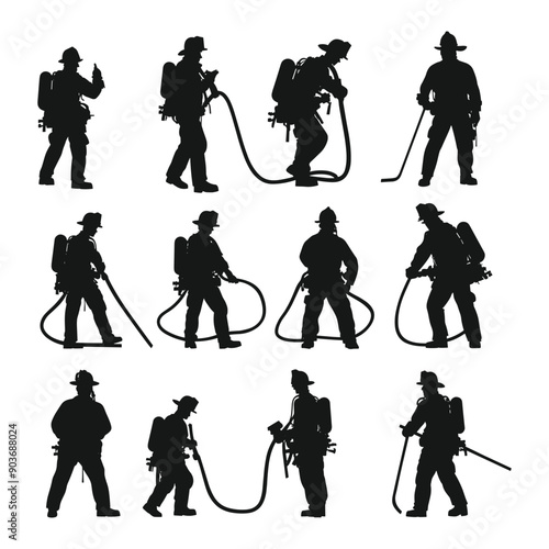 Silhouettes of firefighters in various poses. Perfect for design projects.