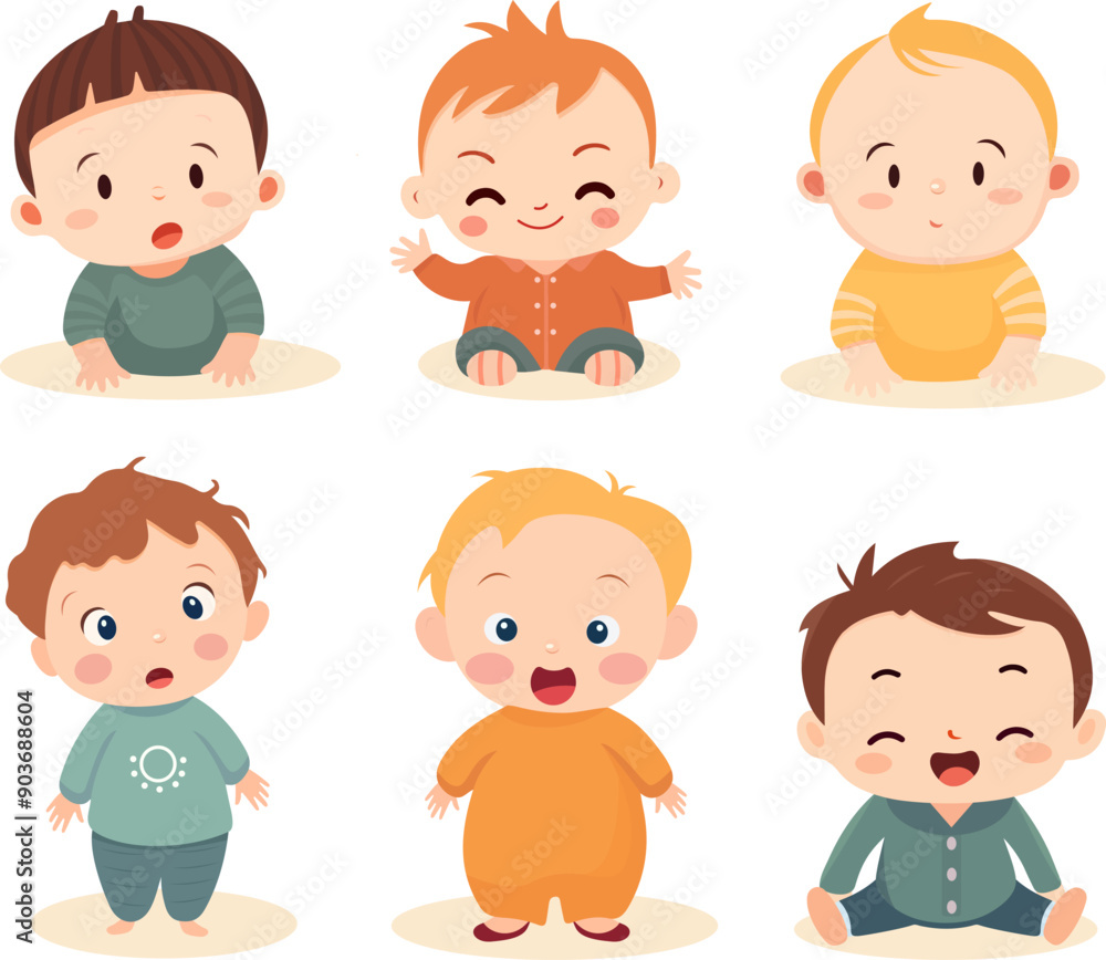 Cute little baby kid set showing different faces illustration. Vector is in flat style. An active child aged 6 months to one year is sitting. The first year of a child's life. Healthy children's game. Cute little baby kid set showing different faces illustration. Vector is in flat style. An active child aged 6 months to one year is sitting. The first year of a child's life. Healthy children's game.