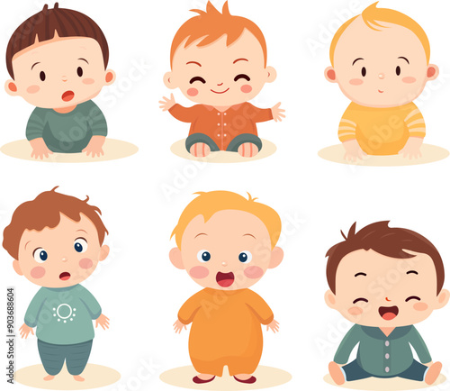 Cute little baby kid set showing different faces illustration. Vector is in flat style. An active child aged 6 months to one year is sitting. The first year of a child's life. Healthy children's game.