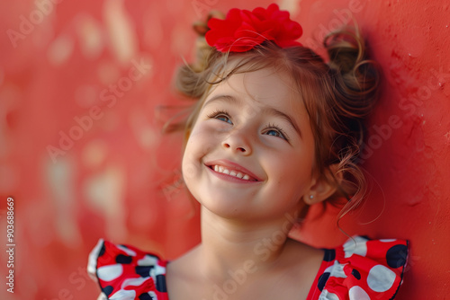 A happy smiling little girl in a red and black polka dot dress. Spanish style for flamenco. Red rose in hair. 
