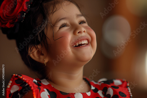 A happy smiling little girl in a red and black polka dot dress. Spanish style for flamenco. Red rose in hair. 