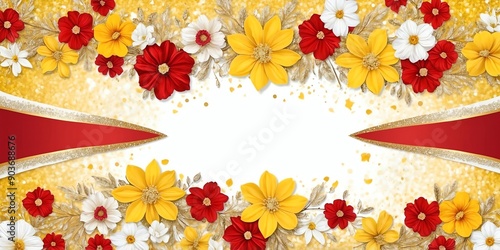 yellow theme floral border with red lining and white s background photo