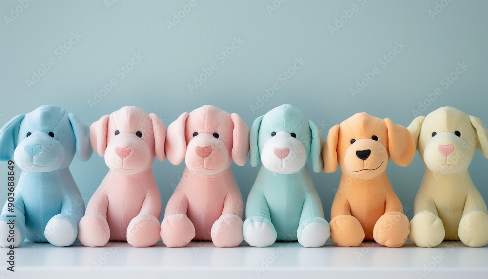 A row of colorful plush toy dogs in pastel shades, arranged neatly on a white surface against a light blue background. A row of colorful plush toy dogs in pastel shades, arranged neatly on a white surface against a light blue background.