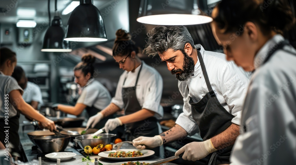 A team of chefs working together in a busy kitchen A team of chefs working together in a busy kitchen