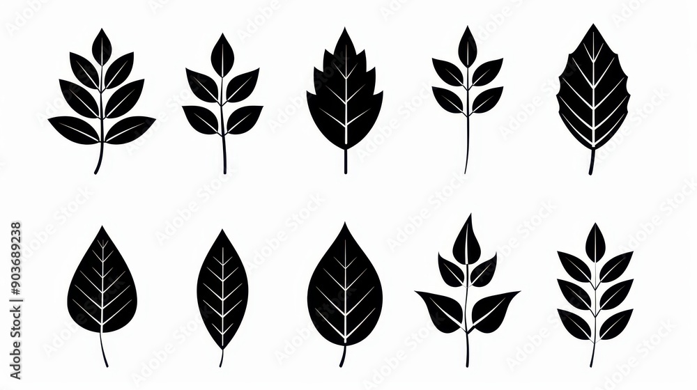 Fototapeta premium A sleek set of leaf icons, perfect for enhancing your design projects with natural elements, available in black on white.