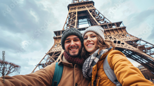 Fototapeta Naklejka Na Ścianę i Meble -  A happy couple traveling and taking a selfie at a famous landmark