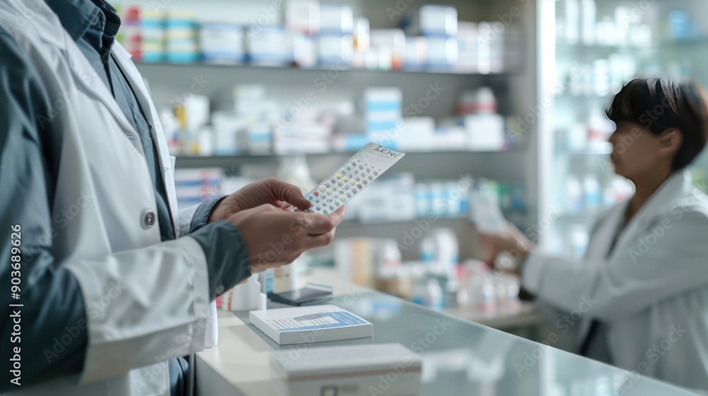 A pharmacist providing information about medication to a patient A pharmacist providing information about medication to a patient