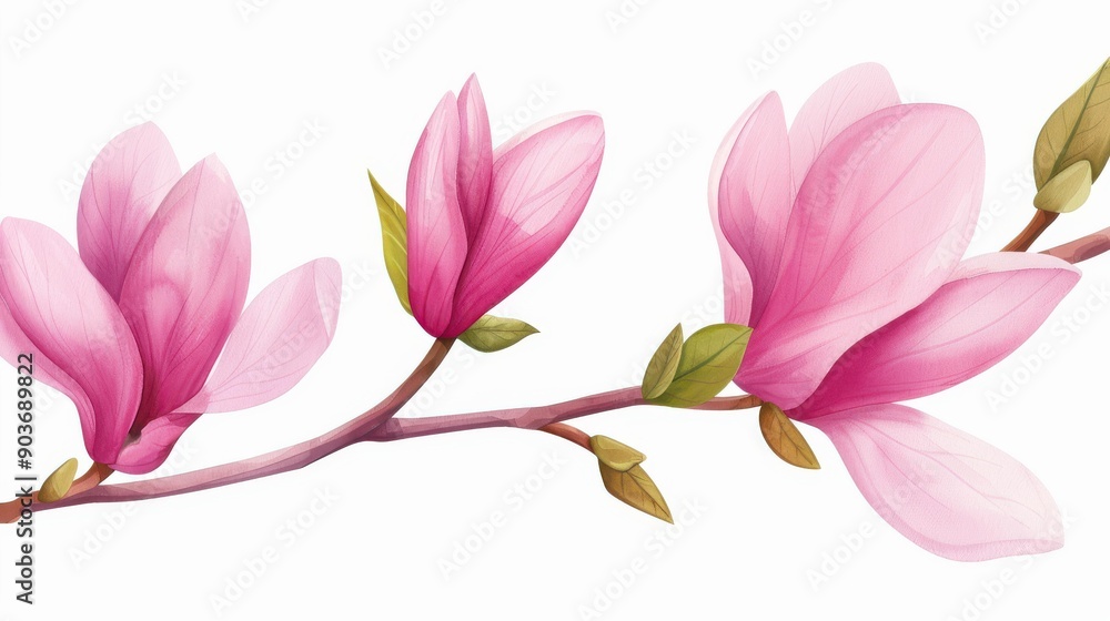 Fototapeta premium Delicate pink magnolia blooms on a slender branch. A watercolor masterpiece that captures natures elegance.