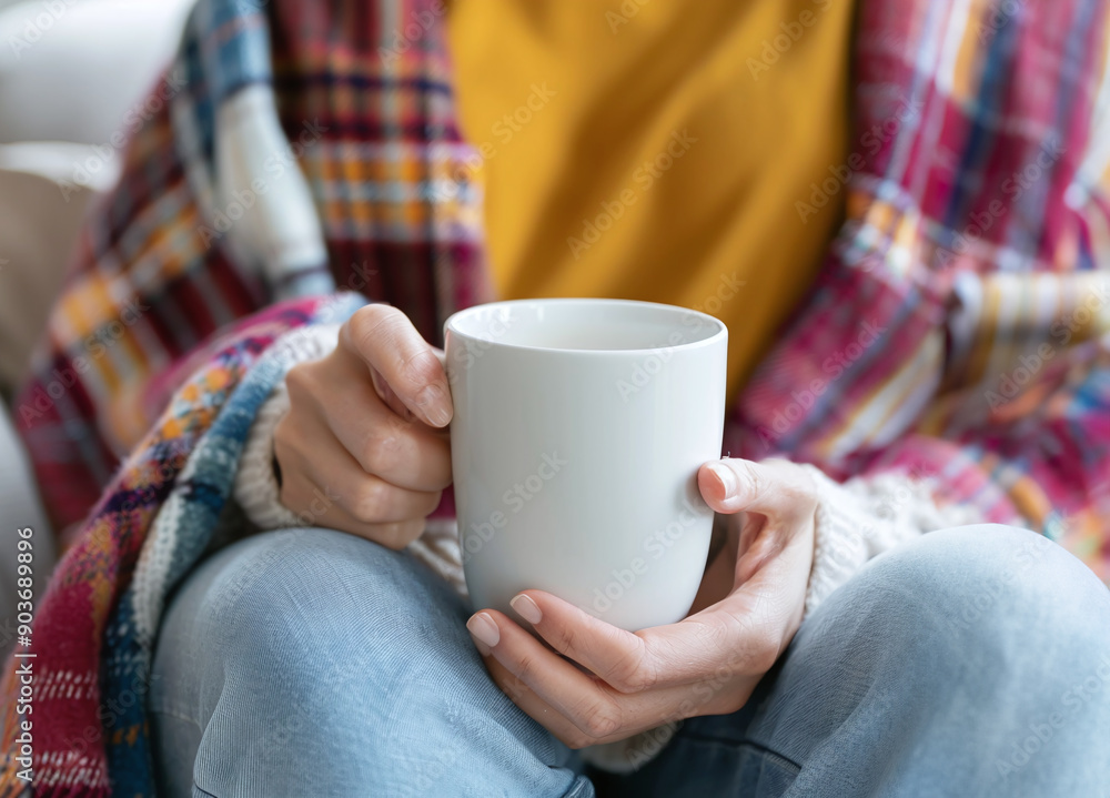 Women holding mug with coffee and covered in autumn wool plaid. Cozy autumn background. Autumn mug mockup. Women holding mug with coffee and covered in autumn wool plaid. Cozy autumn background. Autumn mug mockup.