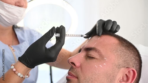 Botox injection for male face. Cosmetic surgery facial in beauty clinic. 