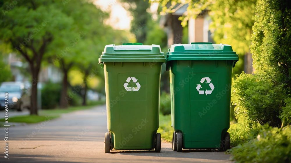 Green recycling bins with recycling sign on city street. Sorting rubbish, concept of care for environment. Waste segregation Green recycling bins with recycling sign on city street. Sorting rubbish, concept of care for environment. Waste segregation