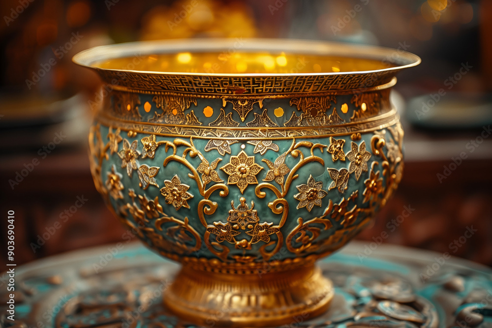 An ancient golden bowl with intricate, ornate filigree. Valuable golden antique artifact. Close-up photo of a museum exhibit. An ancient golden bowl with intricate, ornate filigree. Valuable golden antique artifact. Close-up photo of a museum exhibit.