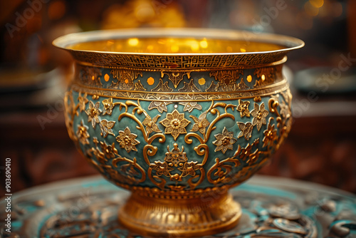 An ancient golden bowl with intricate, ornate filigree. Valuable golden antique artifact. Close-up photo of a museum exhibit.