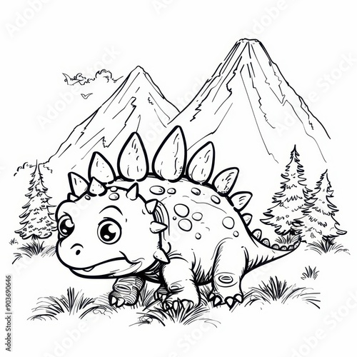 Let your child unleash their creativity by coloring this cute dinosaur in a playful mountain setting with bold lines photo