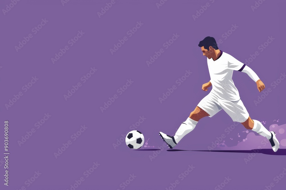 A dynamic soccer player in action, kicking a ball against a vibrant purple background, showcasing athleticism and passion. A dynamic soccer player in action, kicking a ball against a vibrant purple background, showcasing athleticism and passion.