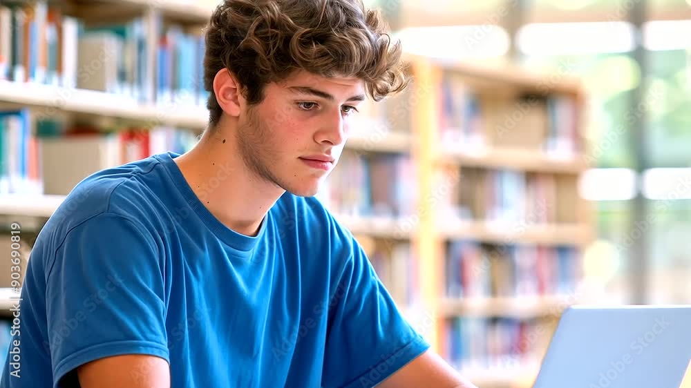young man using a laptop in a modern library, wearing a blue t-shirt, concentrating on his work, academic setting, focused and engaged, with copy space young man using a laptop in a modern library, wearing a blue t-shirt, concentrating on his work, academic setting, focused and engaged, with copy space