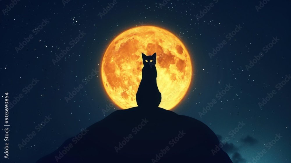 Fototapeta premium A sinister feline prowls under the full moon, embodying an eerie blend of horror and magic in its undead form.