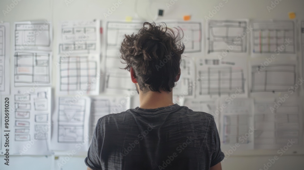 A UX designer sketching wireframes on a whiteboard A UX designer sketching wireframes on a whiteboard