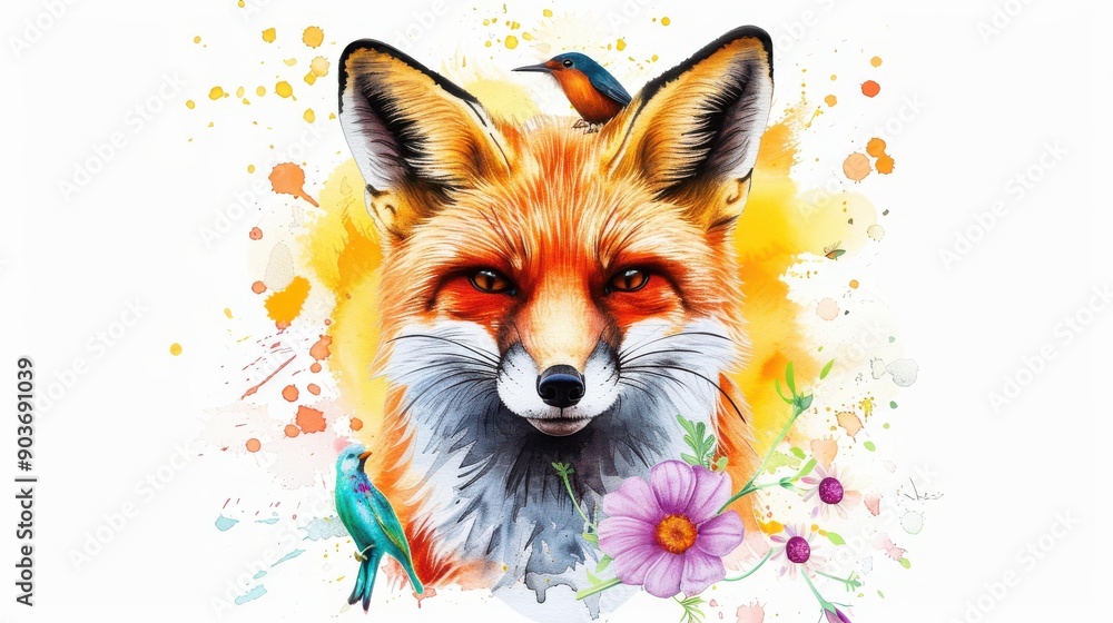 Obraz premium A vibrant watercolor portrait of a fox, adorned with a delicate bird and blooming flowers, captures natures beauty.