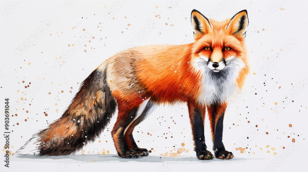 Fototapeta premium A stunning watercolor artwork featuring a sly fox, showcasing its vibrant fur and playful spirit in nature.