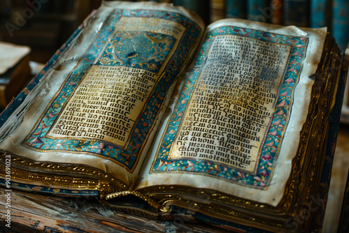 An ancient medieval illuminated manuscript. Open book showing ancient text. Close-up photo of a museum exhibit.