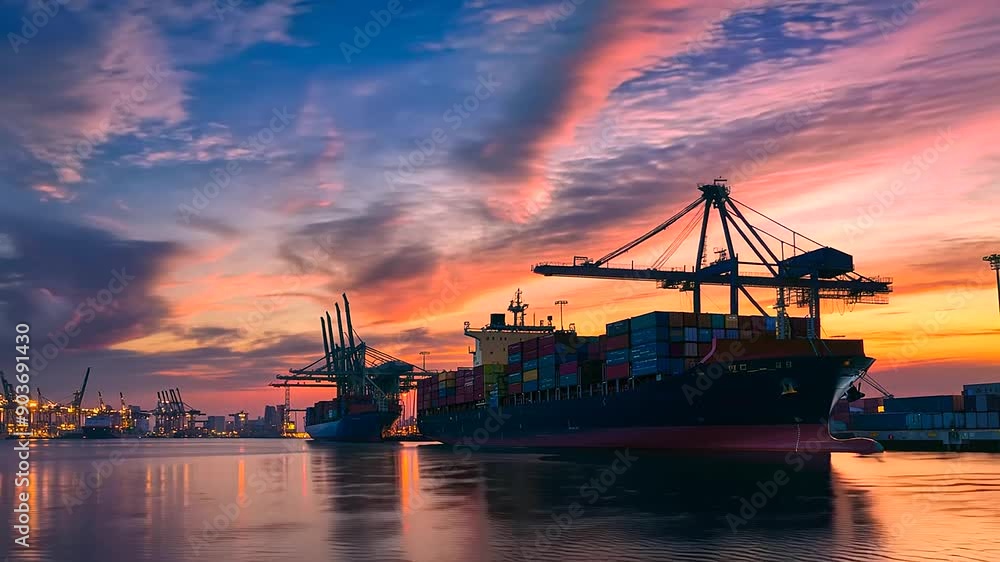 busy container port at sunset, cranes loading and unloading cargo ships, vibrant colors, global trade, shipping logistics, with copy space busy container port at sunset, cranes loading and unloading cargo ships, vibrant colors, global trade, shipping logistics, with copy space