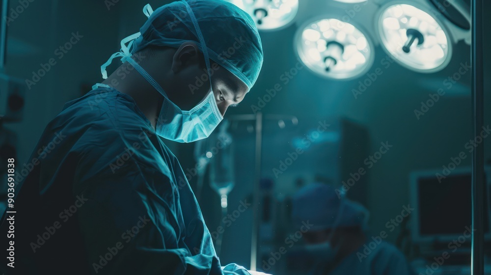 A surgeon performing a procedure in an operating room A surgeon performing a procedure in an operating room
