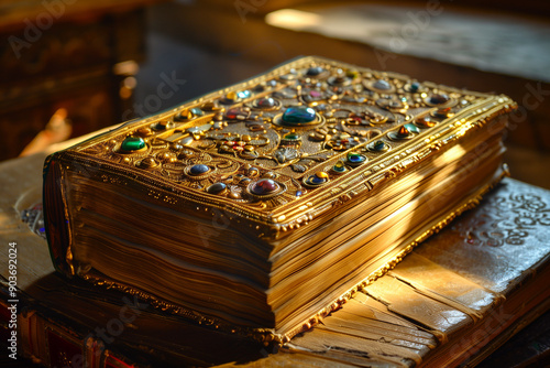 An ancient book with a gemstone-encrusted cover. Valuable antique manuscript. Close-up photo of a museum exhibit. photo