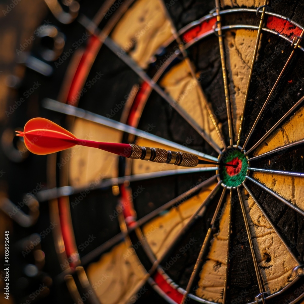 Bullseye target dart board, red dart arrow hitting center shooting for business and winning concepts