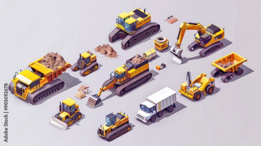 Naklejka premium An isometric illustration of various construction machines at a site