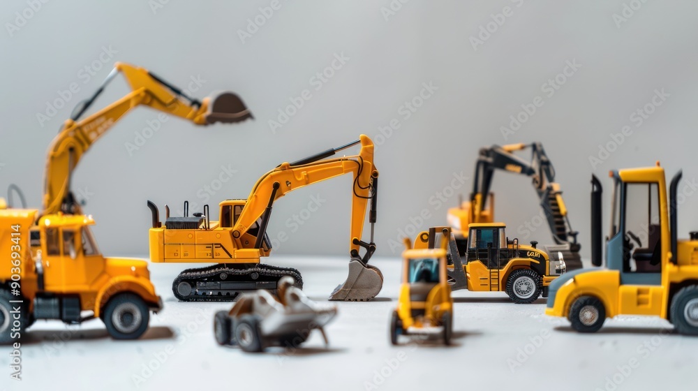 A studio setup showcasing various small construction machinery models A studio setup showcasing various small construction machinery models
