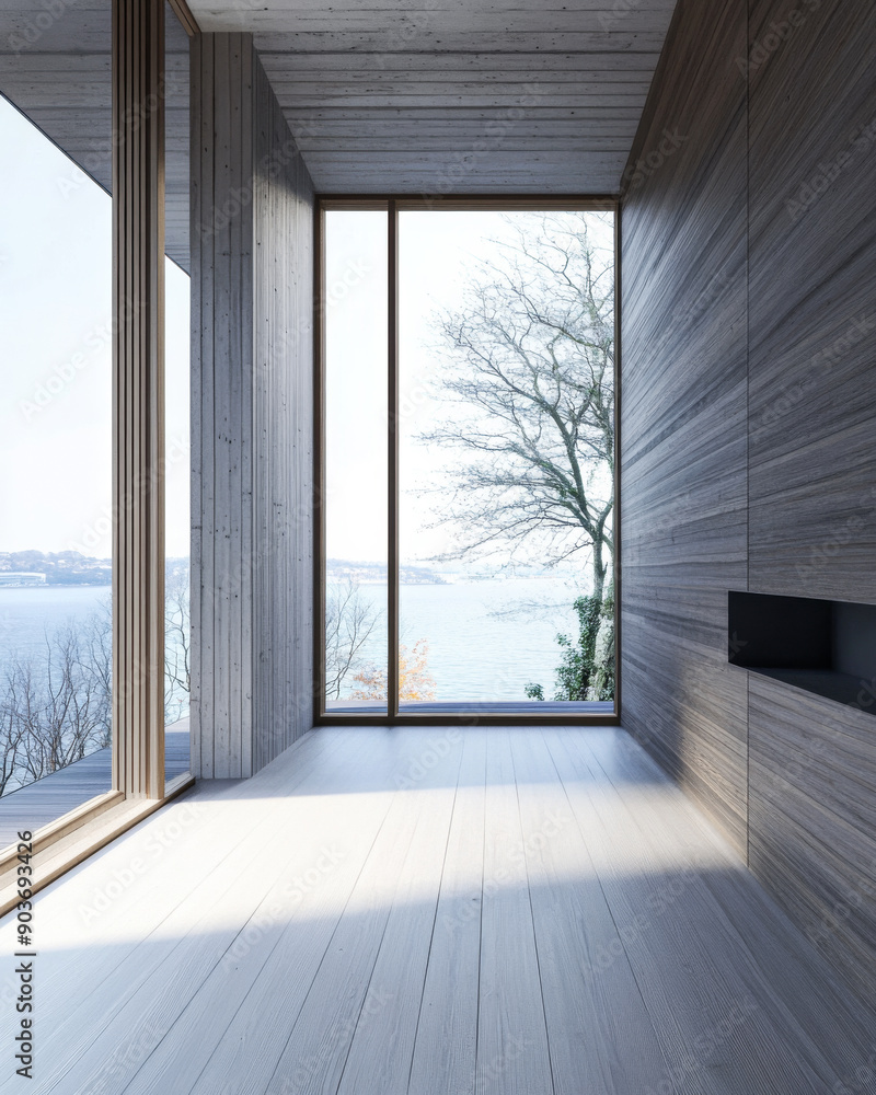 Fototapeta premium Empty room in a luxury property with outdoors views and wall panels. Luxurious residential Real Estate conceptual image.