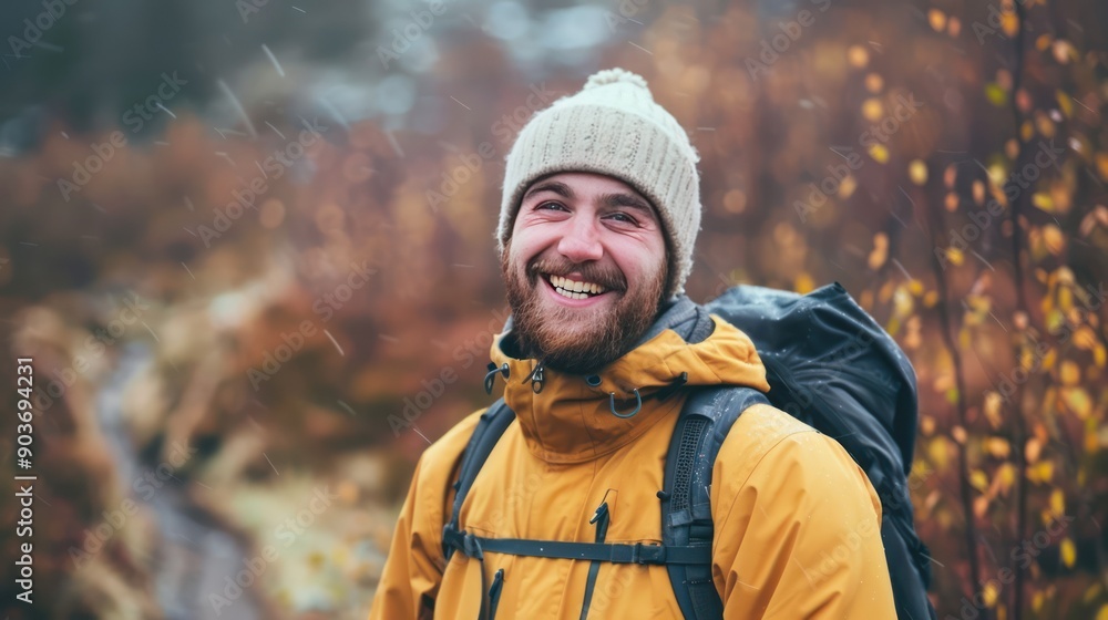 Feeling excited with a wide grin, exploring a new hiking trail. Feeling excited with a wide grin, exploring a new hiking trail.