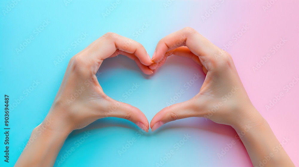 Hands Forming Heart Shape Against Gradient Blue and Pink Background Symbolizing Love, Unity, and Connection Hands Forming Heart Shape Against Gradient Blue and Pink Background Symbolizing Love, Unity, and Connection