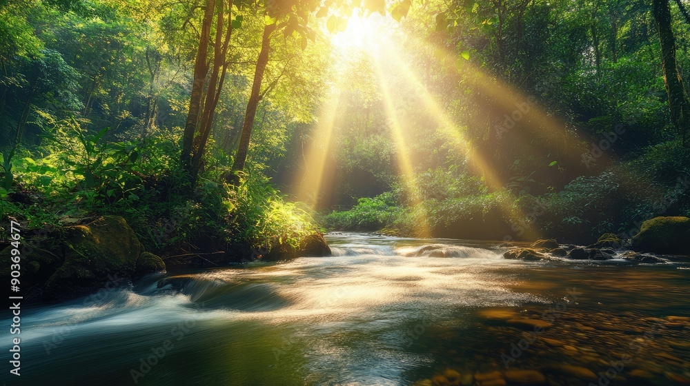 Sunbeams Illuminating a Tranquil Stream Through a Lush Forest Sunbeams Illuminating a Tranquil Stream Through a Lush Forest