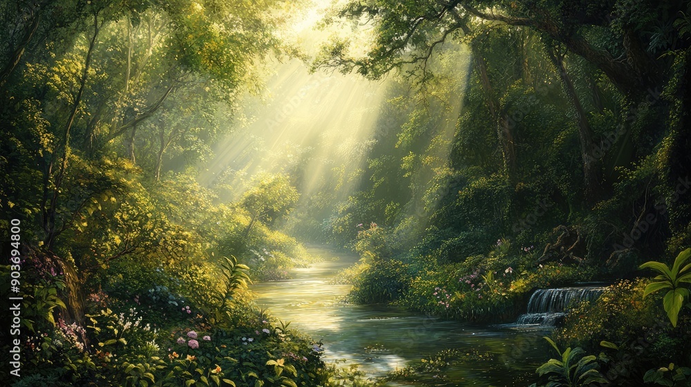 Sunbeams Illuminating a Lush Tropical Stream Sunbeams Illuminating a Lush Tropical Stream