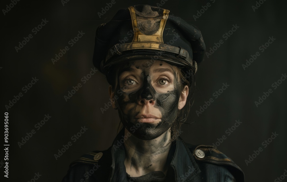 Portrait of a female firefighter with black soot on her face.Generated image Portrait of a female firefighter with black soot on her face.Generated image