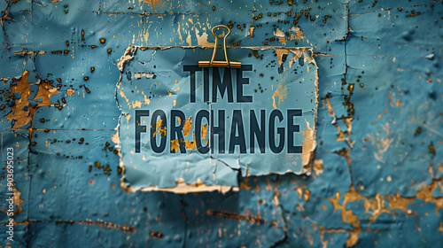 A weathered sign that reads "Time for Change" attached to a peeling, painted wall.