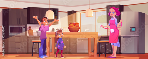 Happy mother and children in modern kitchen. Vector cartoon illustration of woman wearing apron, daughter and son smiling at mom, morning sunlight in window, home interior with furniture for cooking
