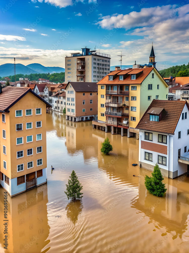 Obraz premium Many buildings are under water because they were flooded.