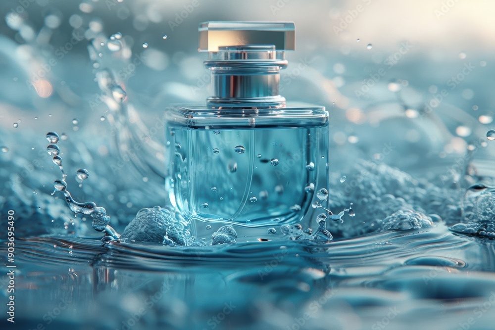 Perfume bottle on the water surface with lots of water spray around Perfume bottle on the water surface with lots of water spray around