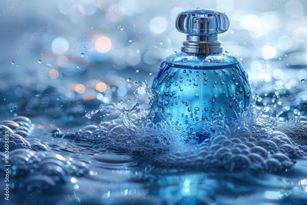Perfume bottle on the water surface with lots of water spray around Perfume bottle on the water surface with lots of water spray around