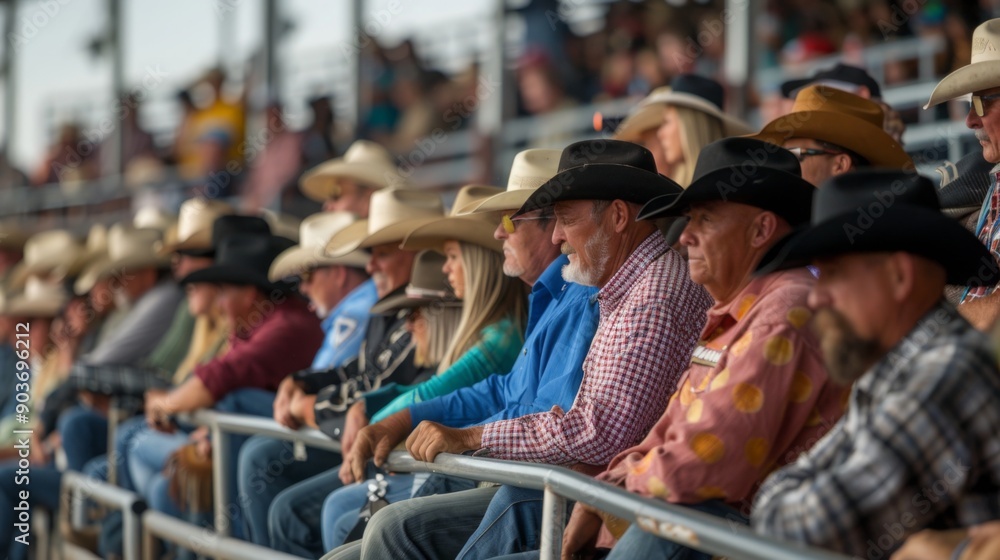 A diverse group of spectators enjoy a rodeo event, filled with anticipation, sitting in bleachers and wearing cowboy hats under bright afternoon sunlight. A diverse group of spectators enjoy a rodeo event, filled with anticipation, sitting in bleachers and wearing cowboy hats under bright afternoon sunlight.